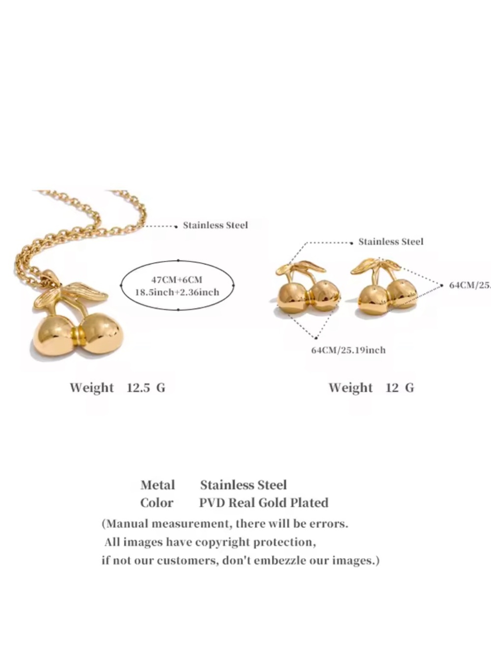 Gold Cherry Pendant Necklace&Earrings Set - Picture 7 of 14